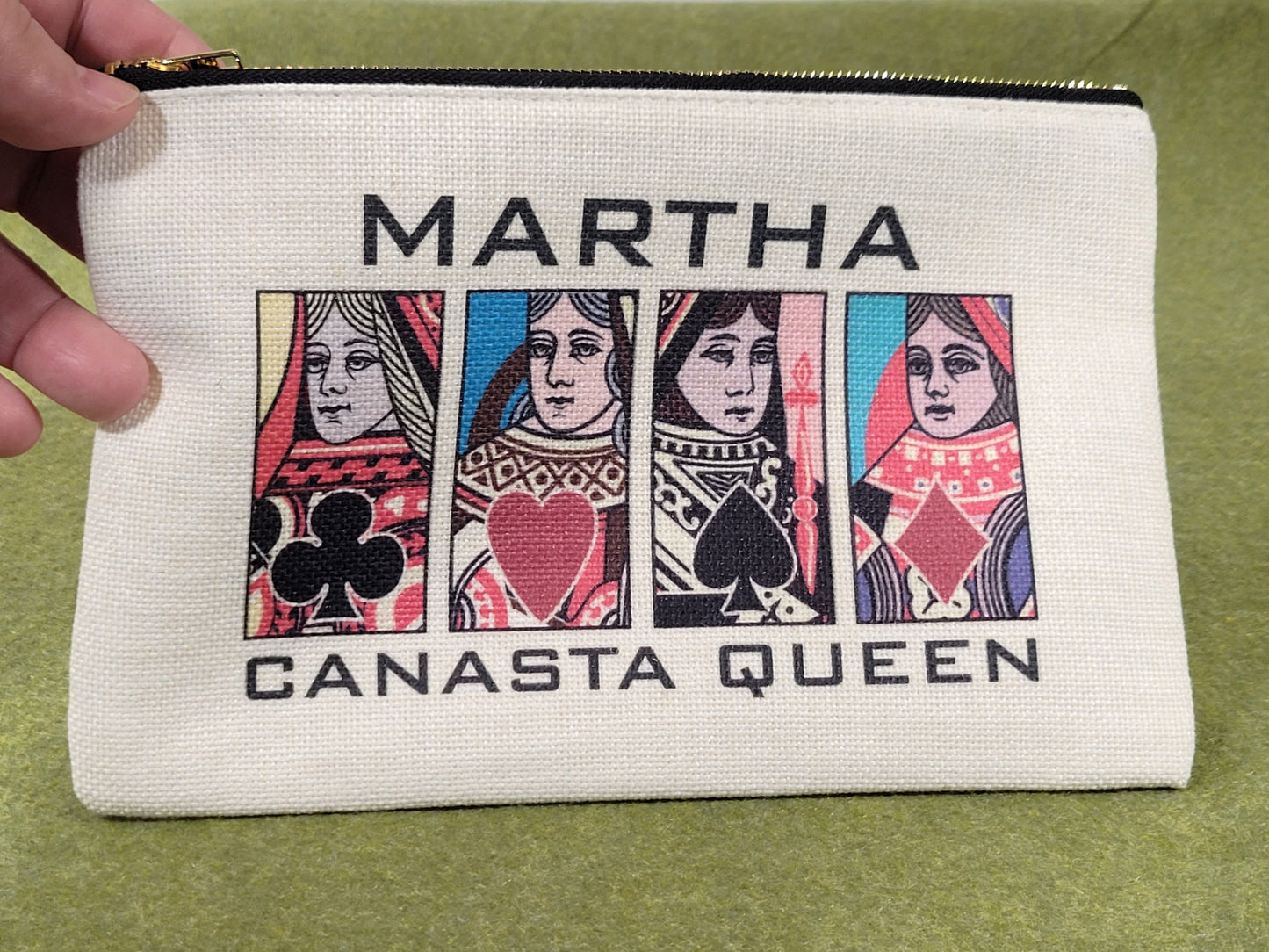 Canasta Queen or King, Linen Zipper Pouch: Custom Playing Card Night Bag
