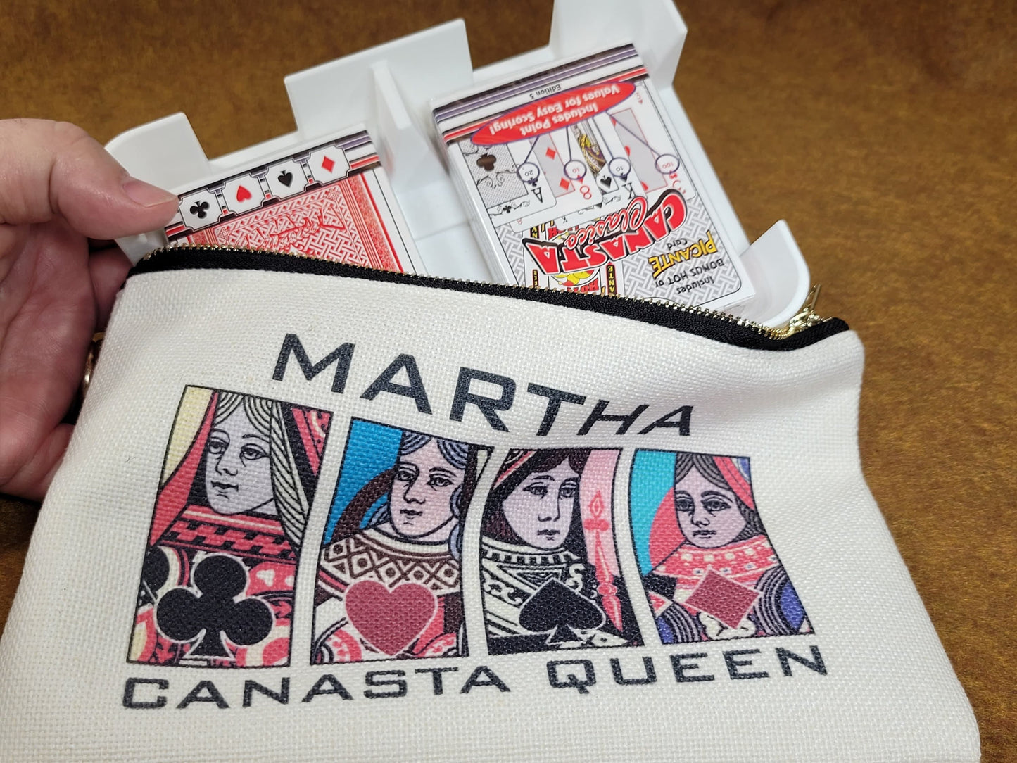 Canasta Queen or King, Linen Zipper Pouch: Custom Playing Card Night Bag