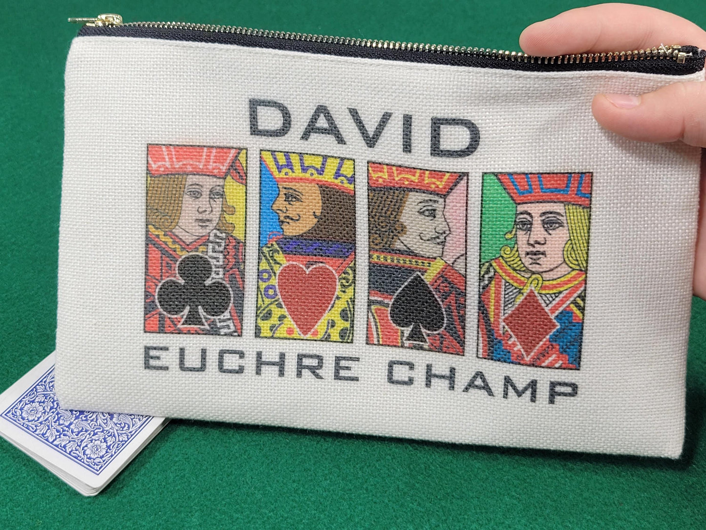 Euchre Jack, Queen or King, Linen Zipper Pouch: Custom Playing Card Night Bag