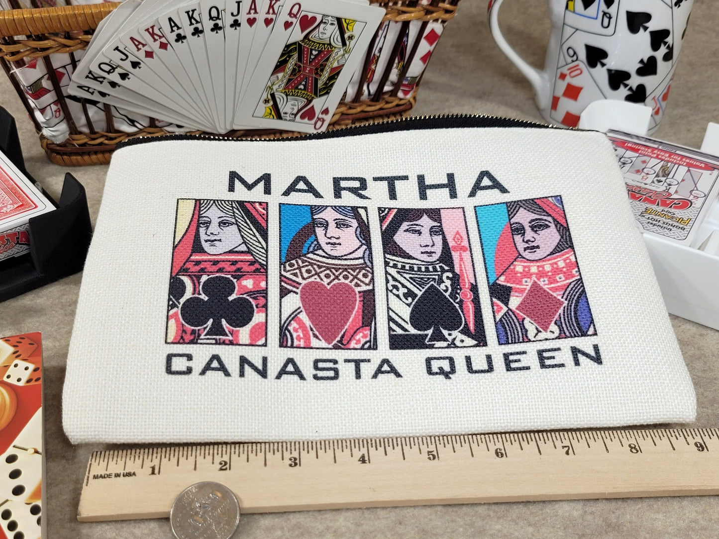 Canasta Queen or King, Linen Zipper Pouch: Custom Playing Card Night Bag
