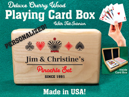 Solid Cherry Wood Playing Card Box: Personalized Pinochle Gift - Made in USA