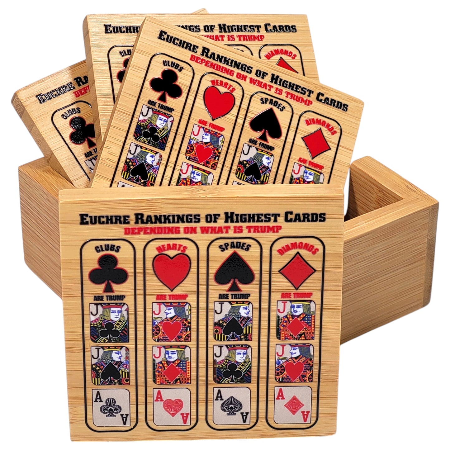 Euchre Card Rankings: Bamboo Coasters with Holder