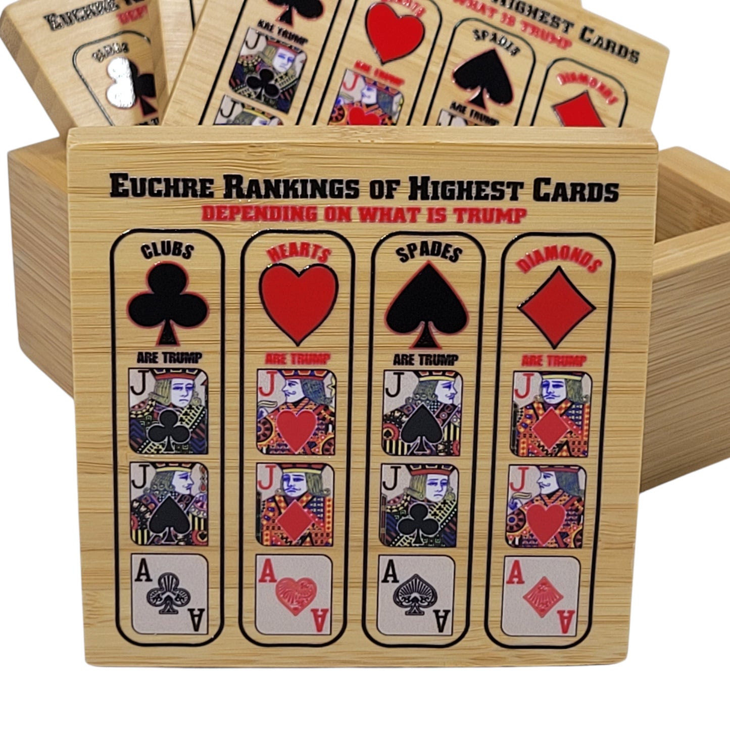 Euchre Card Rankings: Bamboo Coasters with Holder