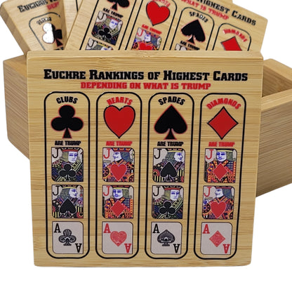 Euchre Card Rankings: Bamboo Coasters with Holder