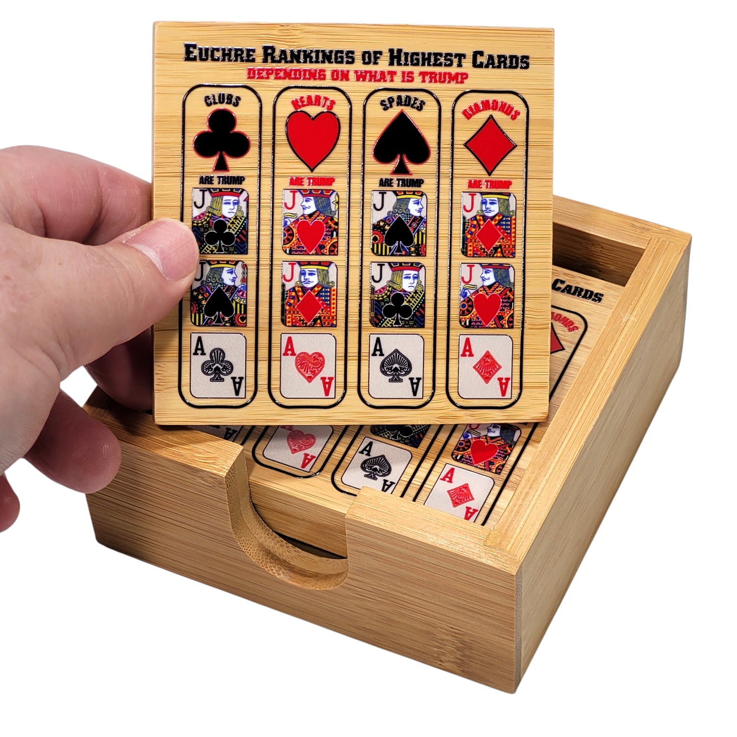 Euchre Card Rankings: Bamboo Coasters with Holder