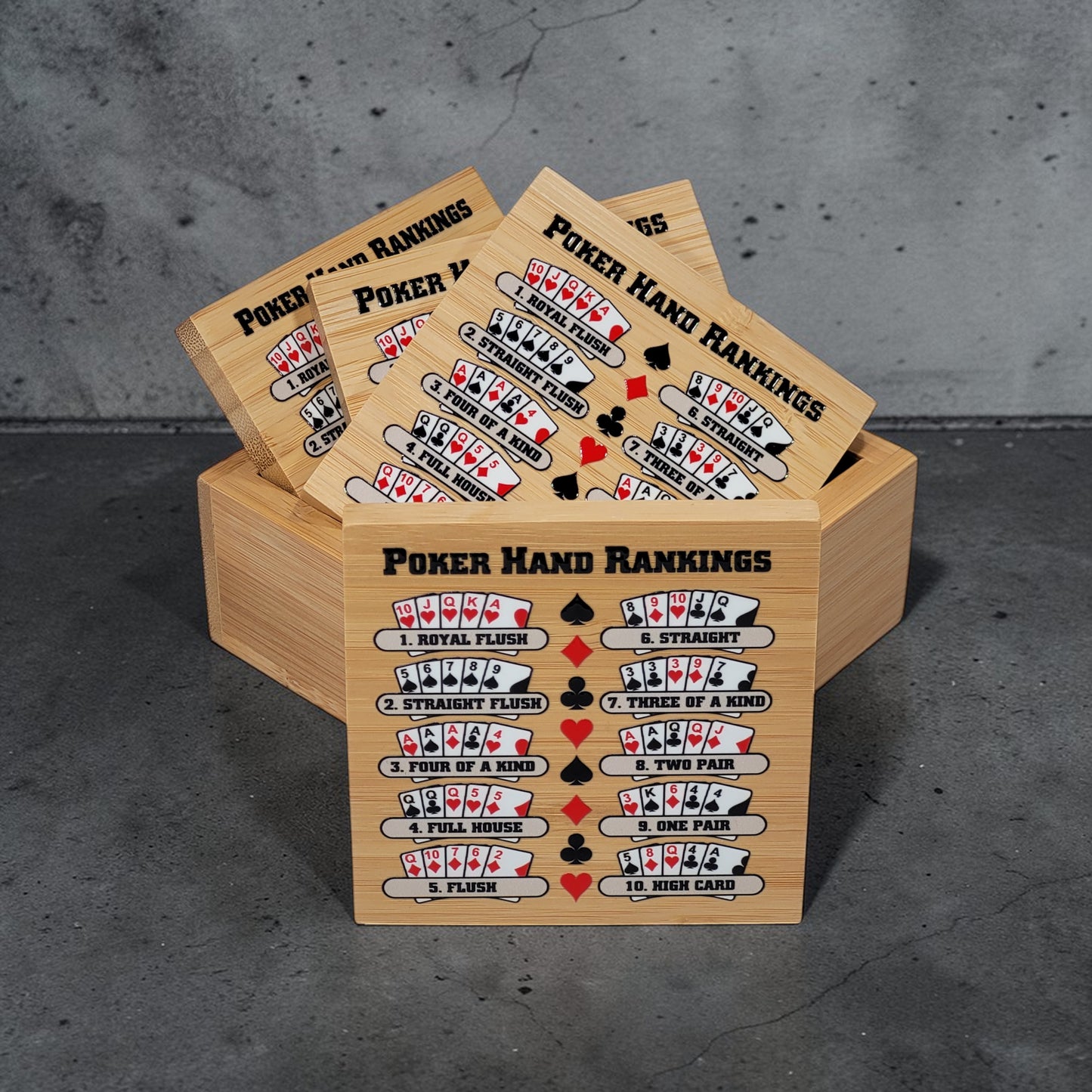 Poker Hand Rankings Bamboo Coasters - Set of 4 with Holder