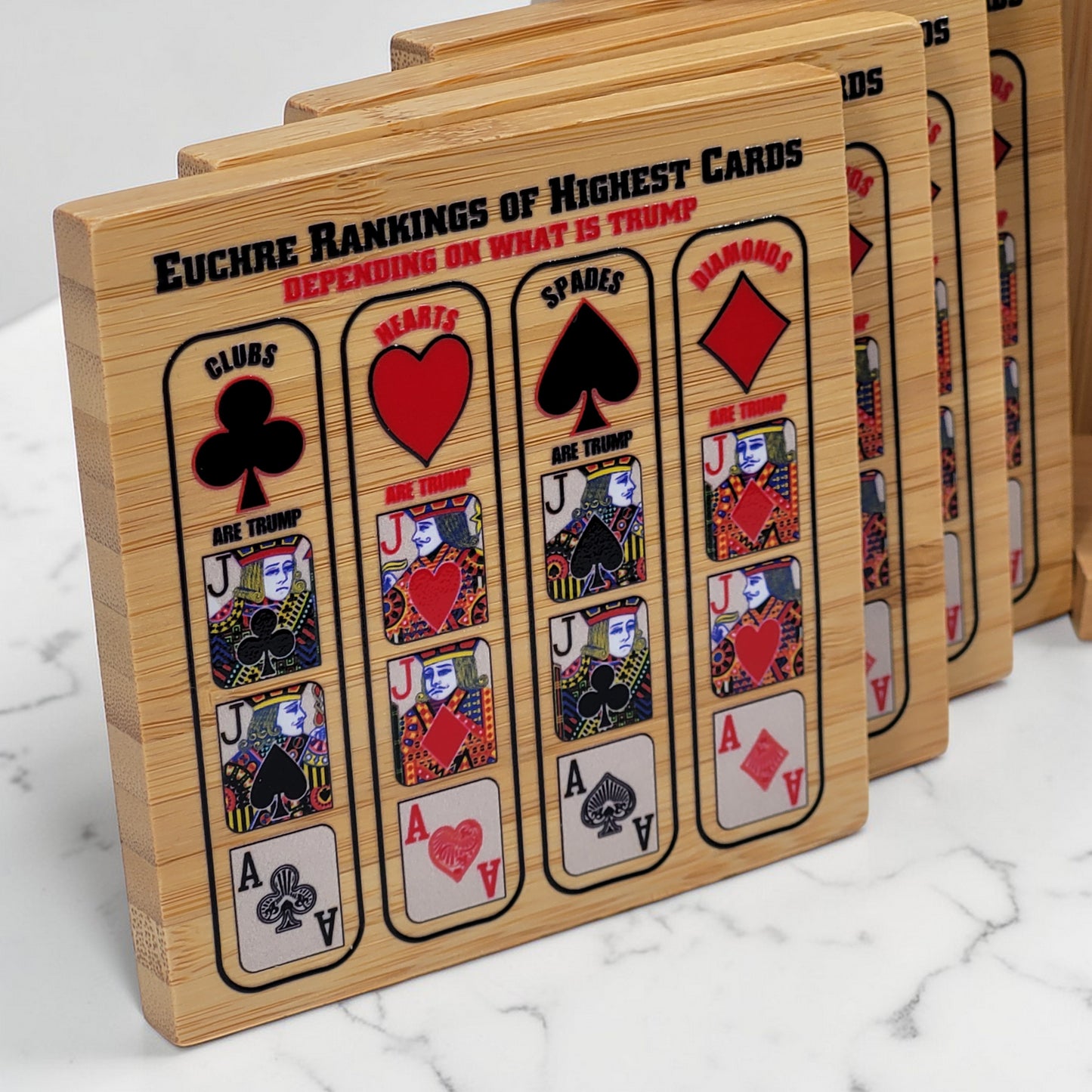 Euchre Card Rankings: Bamboo Coasters with Holder