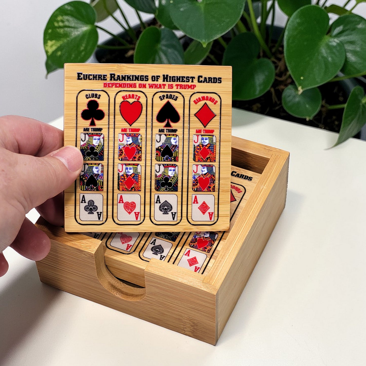 Euchre Card Rankings: Bamboo Coasters with Holder