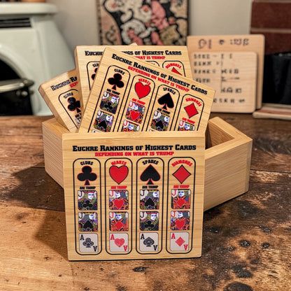 Euchre Card Rankings: Bamboo Coasters with Holder