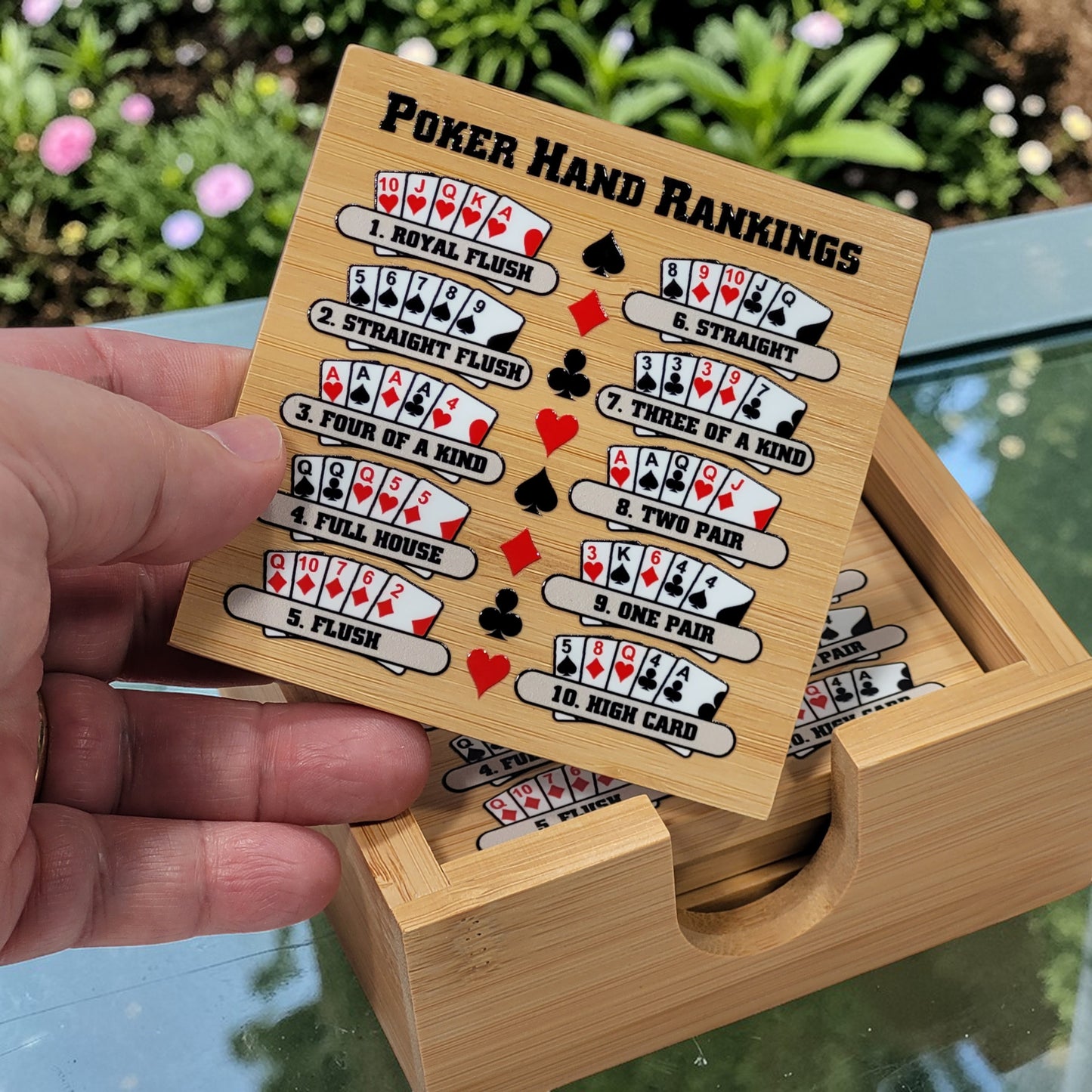 Poker Hand Rankings Bamboo Coasters - Set of 4 with Holder