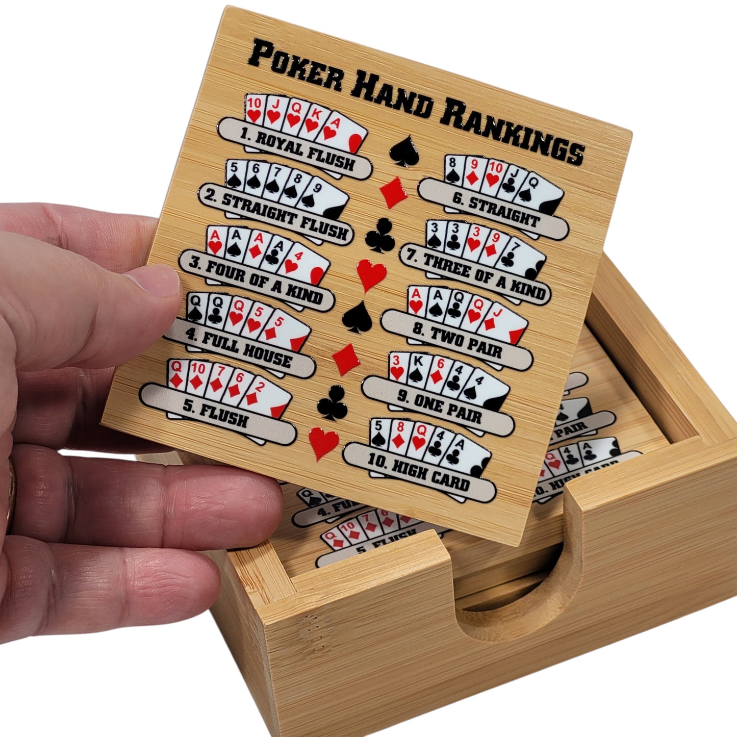 Poker Hand Rankings Bamboo Coasters - Set of 4 with Holder