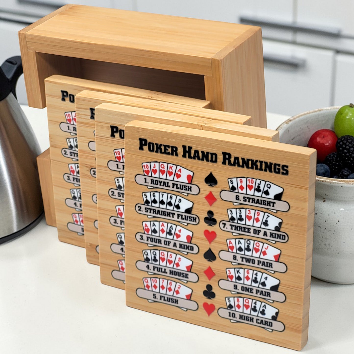 Poker Hand Rankings Bamboo Coasters - Set of 4 with Holder