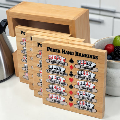 Poker Hand Rankings Bamboo Coasters - Set of 4 with Holder