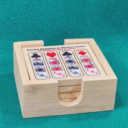 Euchre Card Rankings: Bamboo Coasters with Holder