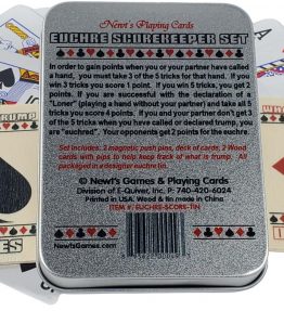Euchre Scorekeeper Playing Card Tin Set shown on top of playing cards