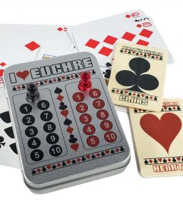 Euchre Scorekeeper Playing Card Tin Set shown on top of playing cards