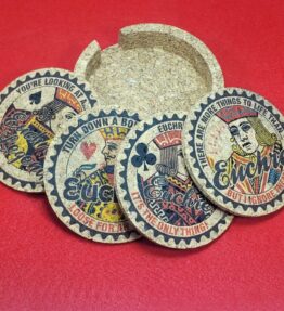 Corked Euchre Legend Coaster Set - Perfect gift for the euchre player in your life - Euchre Tournament Award - Set of 4 coasters in holder