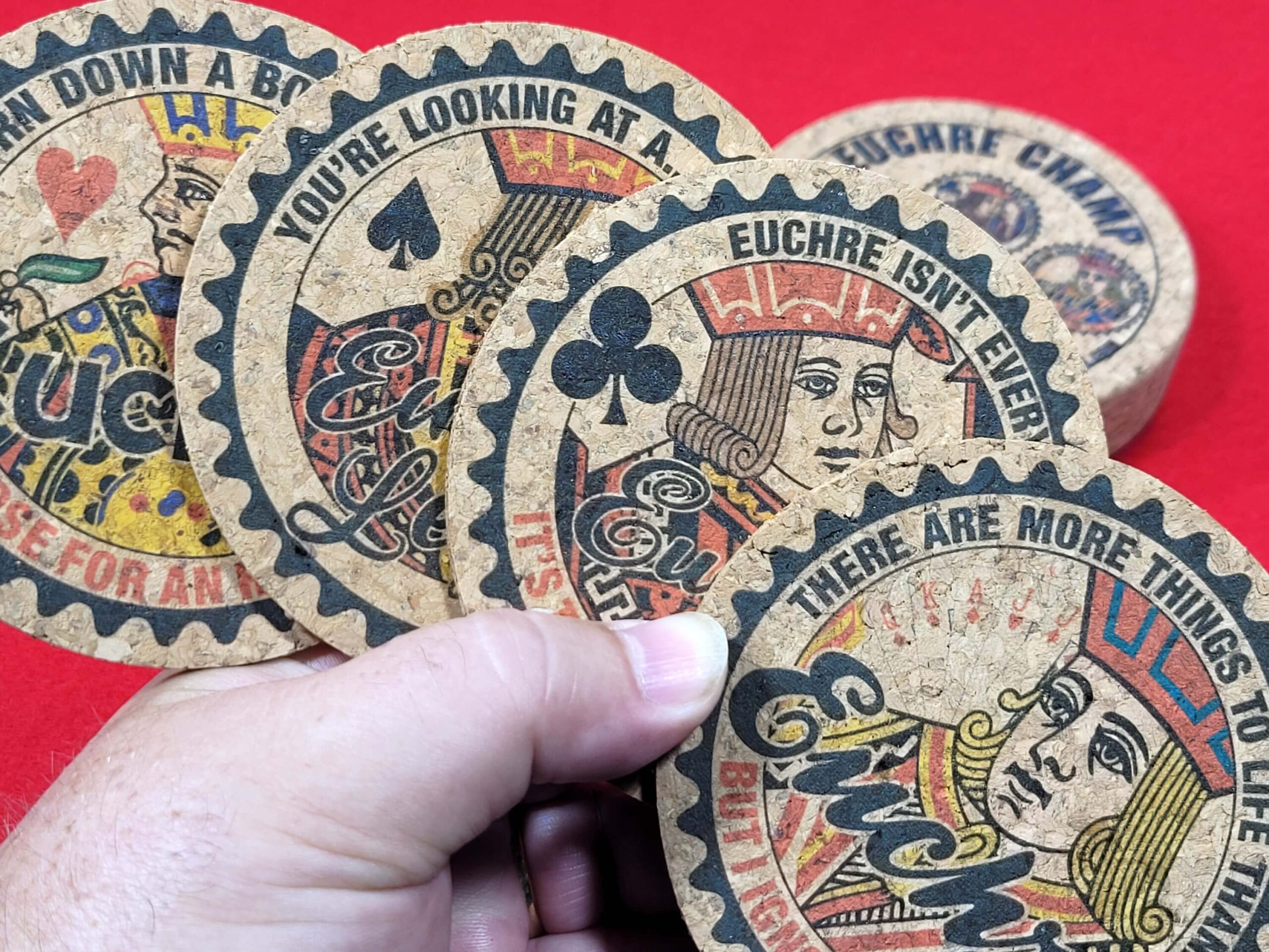 Corked Euchre Legend Coaster Set - Perfect gift for the euchre player in your life - Euchre Tournament Award - Set of 4 coasters in holder