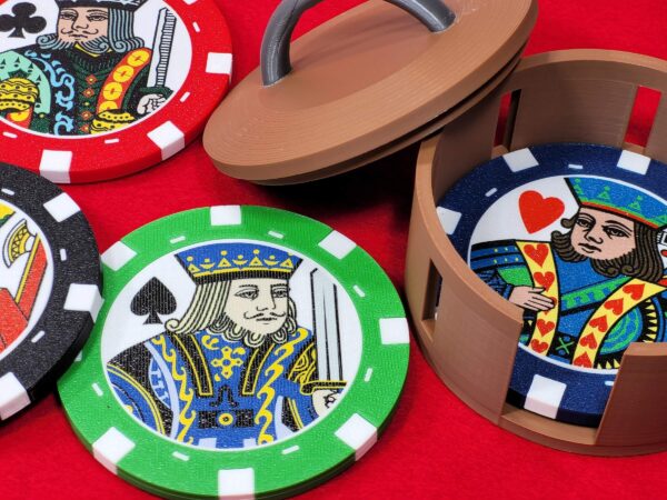 Suited Poker Chip Coasters, Set of 4 plastic chips in holder