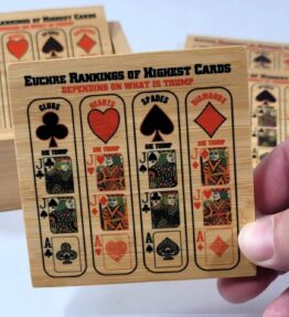 Euchre rankings of highest cards on square bamboo coasters w/ holder - Help beginners know ranking of cards or decorate for next card night