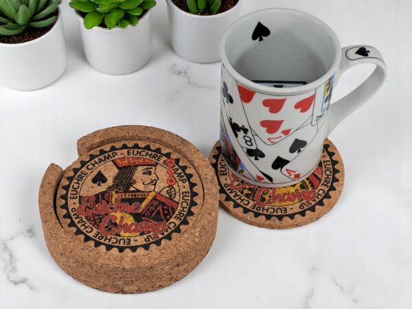 Euchre Champ Corked Coaster Set: Card Game Night Decor