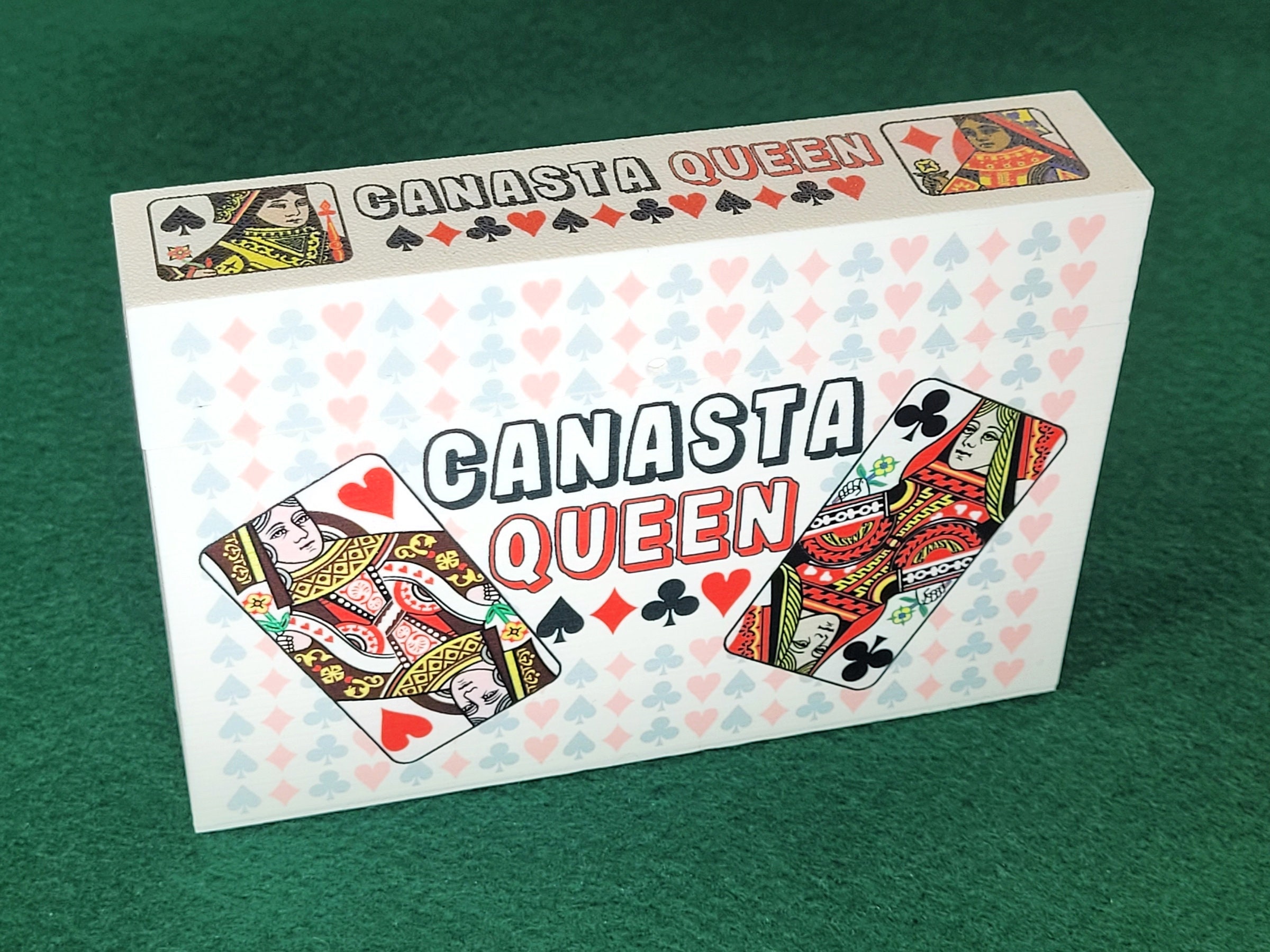 Canasta Queen Playing Card Box that features 4 queens from a deck of cards with a backdrop of pips (hearts, clubs, diamonds and spades) - Image 2
