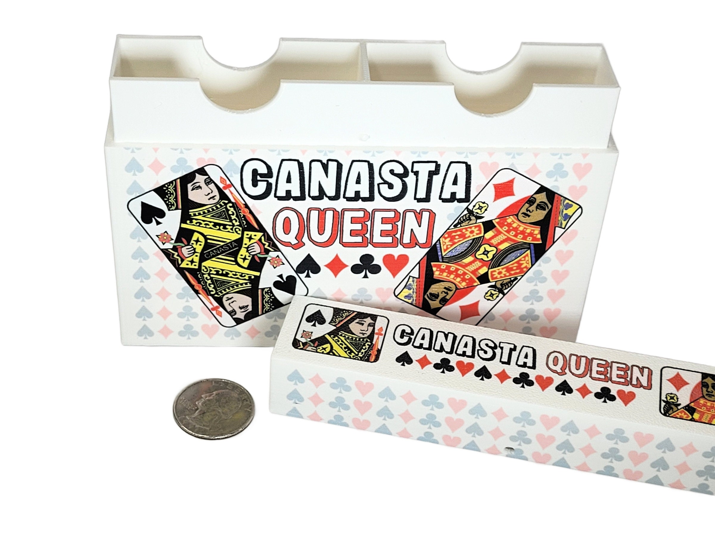 Canasta Queen Playing Card Box that features 4 queens from a deck of cards with a backdrop of pips (hearts, clubs, diamonds and spades) - Image 3