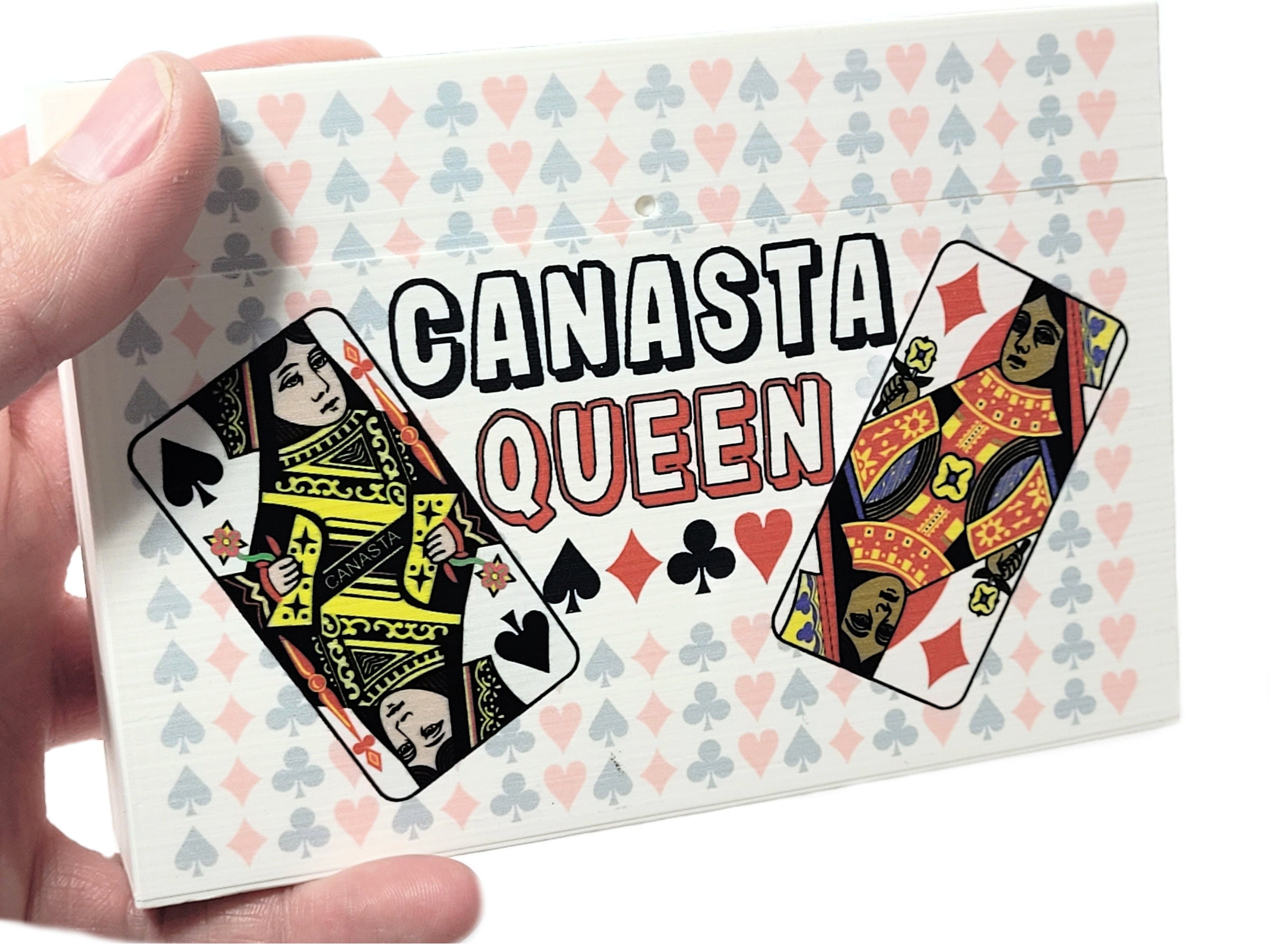 Canasta Queen Playing Card Box that features 4 queens from a deck of cards with a backdrop of pips (hearts, clubs, diamonds and spades) - Image 4