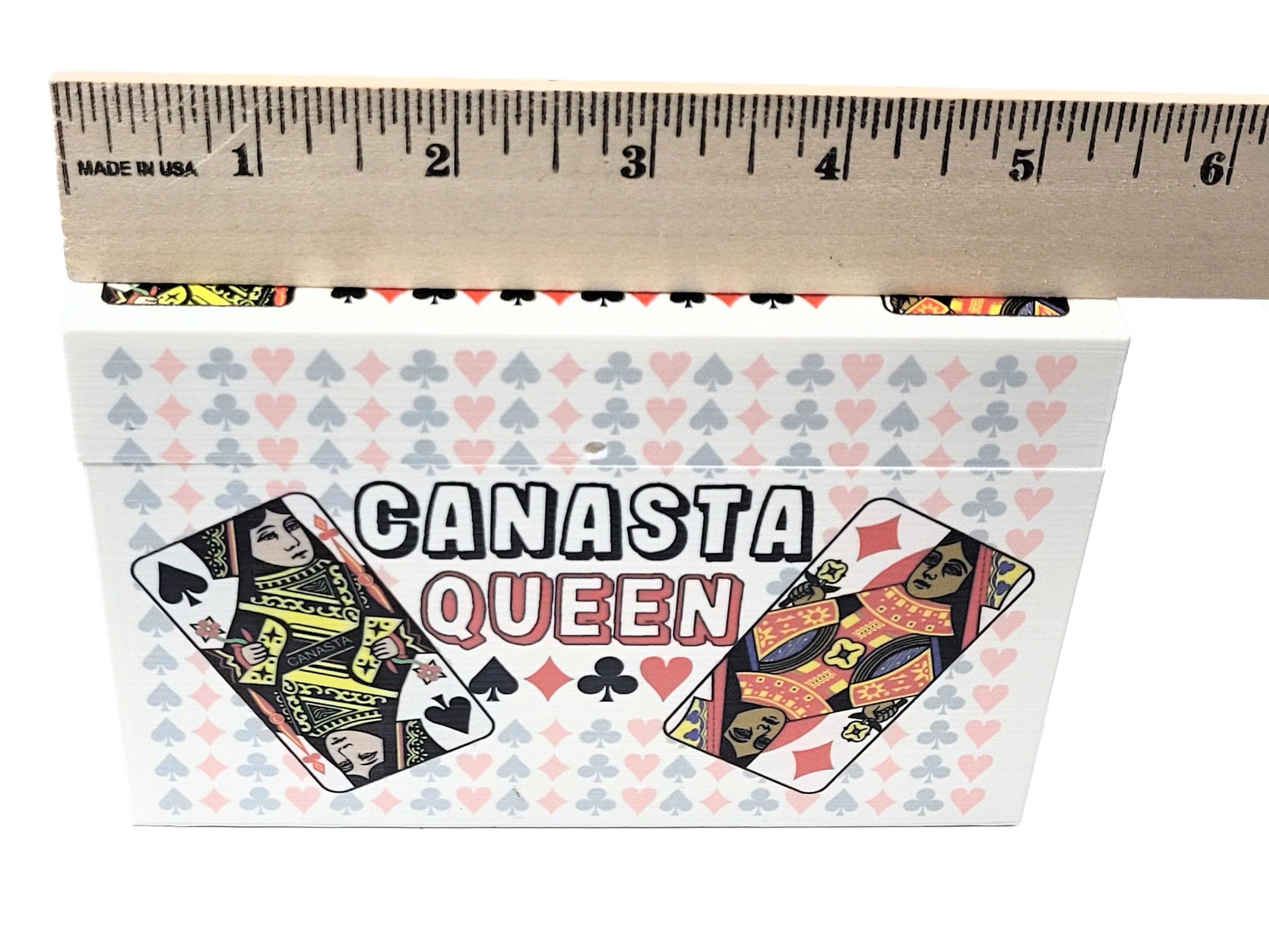 Canasta Queen Playing Card Box that features 4 queens from a deck of cards with a backdrop of pips (hearts, clubs, diamonds and spades) - Image 5