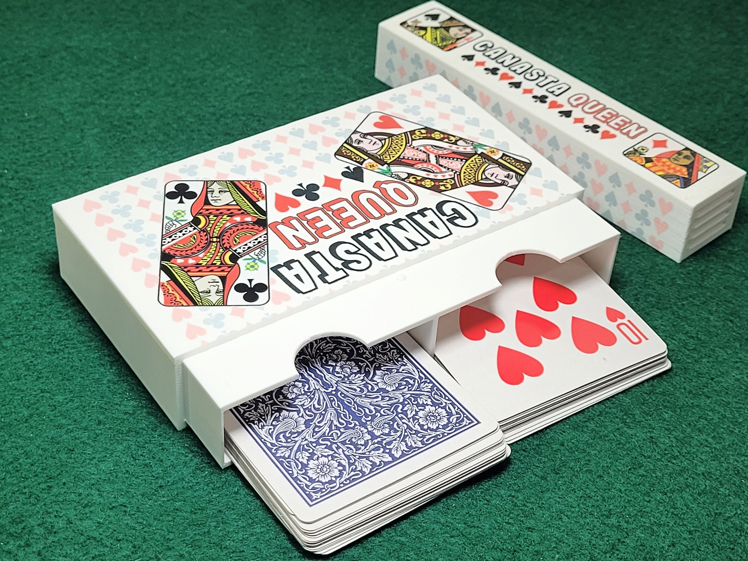 Canasta Queen Playing Card Box that features 4 queens from a deck of cards with a backdrop of pips (hearts, clubs, diamonds and spades) - Image 7