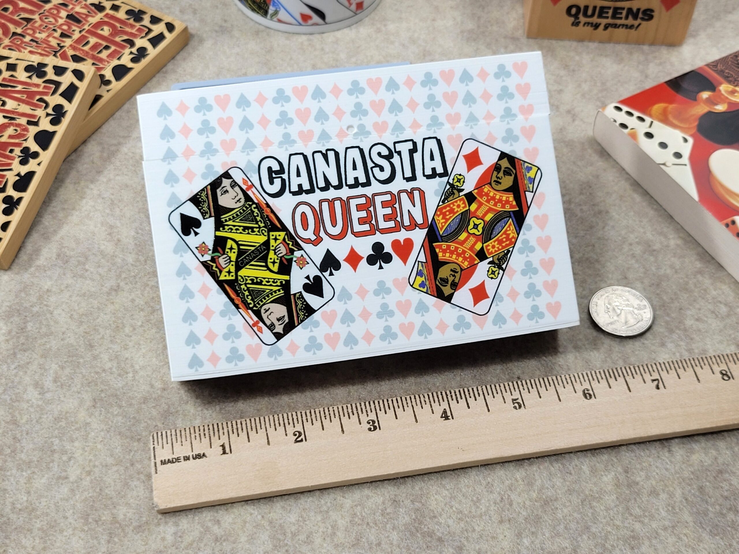Canasta Queen Playing Card Box that features 4 queens from a deck of cards with a backdrop of pips (hearts, clubs, diamonds and spades) - Image 9