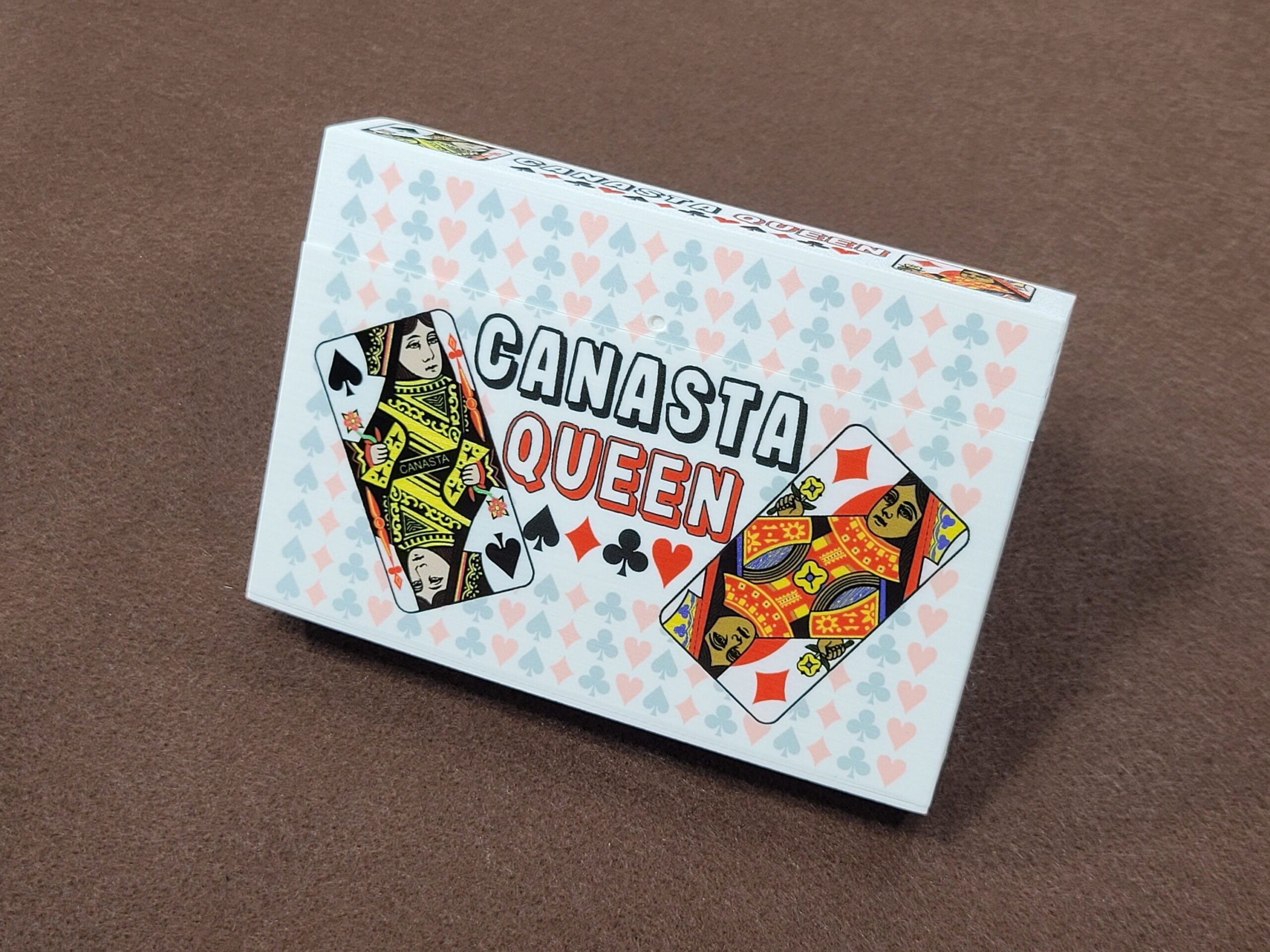 Canasta Queen Playing Card Box that features 4 queens from a deck of cards with a backdrop of pips (hearts, clubs, diamonds and spades) - Image 10