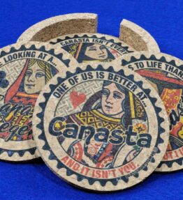 Canasta Coaster Set: Corked Drink Coasters with Holder, Card Game Gift